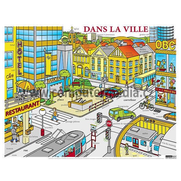 Francouzština - Dans la Ville (Ve městě) - nástěnný obraz, 110x85cm, 2 lišty