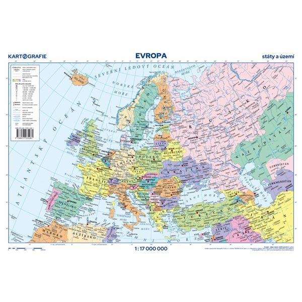 Evropa – příruční mapa, reliéf a povrch/státy a území