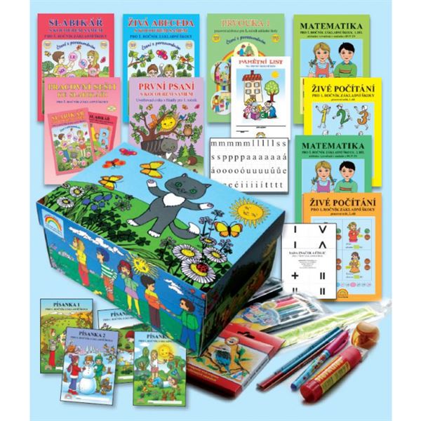 Balíček pro prvňáčky v krabici s kocourem Samem