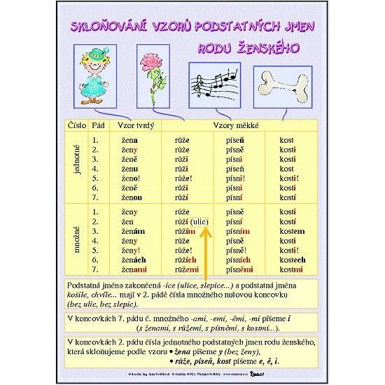 Skloňování vzorů podstatných jmen rodu ženského+středního - karta pro 4. ročník (A4)